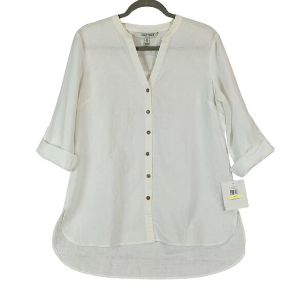 Ellen Tracy White Linen Shirt Size M Buttoned Tunic Top Roll Cuffed Sleeves NWT - Picture 1 of 11